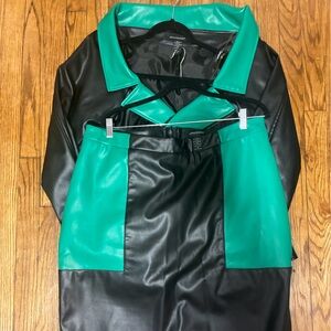 Ashley Stewart Black and Green Faux Leather Jacket and Skirt Set